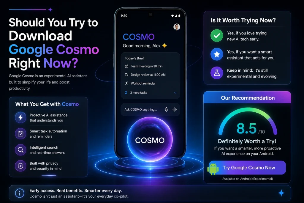 Should you download Google Cosmo AI Assistant infographic showing features, benefits, and recommendation