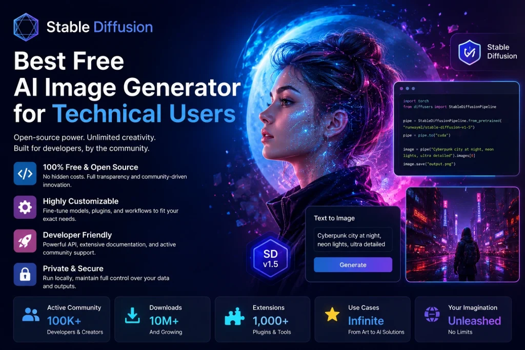 Futuristic Stable Diffusion promotional graphic featuring neon cyberpunk visuals, AI-generated artwork, coding interface, and developer-focused design for technical AI image generation users.