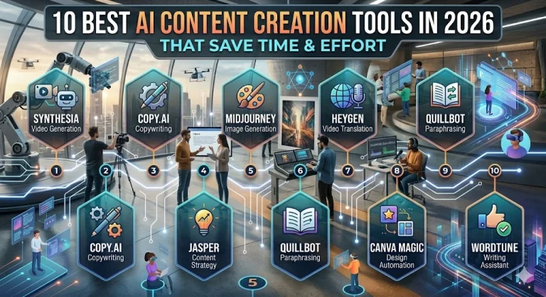 Minimalist, Muji-style infographic showing the 10 best AI content creation tools in 2026. Features clean hexagonal modules with natural icons (bamboo, stone, ceramic) on a soft wood and ivory background, organized by video, copy, design, and audio tools.