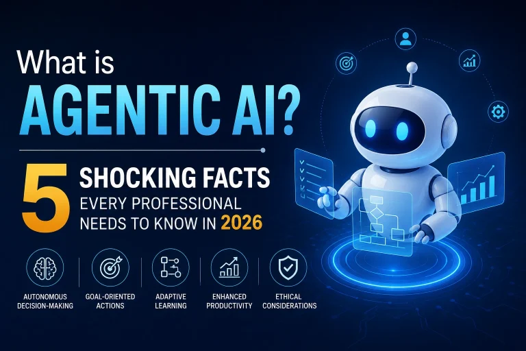 Modern futuristic thumbnail about Agentic AI featuring a smart AI robot, holographic business charts, and the text “What is Agentic AI? 5 Shocking Facts Every Professional Needs to Know in 2026”.