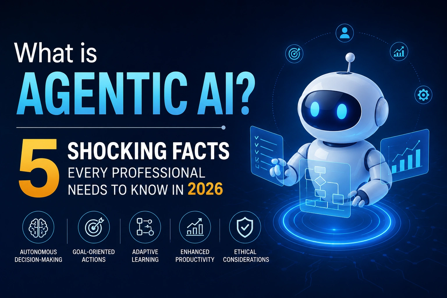 Modern futuristic thumbnail about Agentic AI featuring a smart AI robot, holographic business charts, and the text “What is Agentic AI? 5 Shocking Facts Every Professional Needs to Know in 2026”.