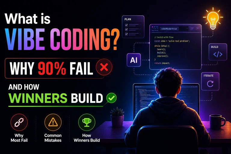 Futuristic YouTube thumbnail showing a programmer coding with neon AI visuals and the text “What is Vibe Coding? Why 90% Fail and How Winners Build.