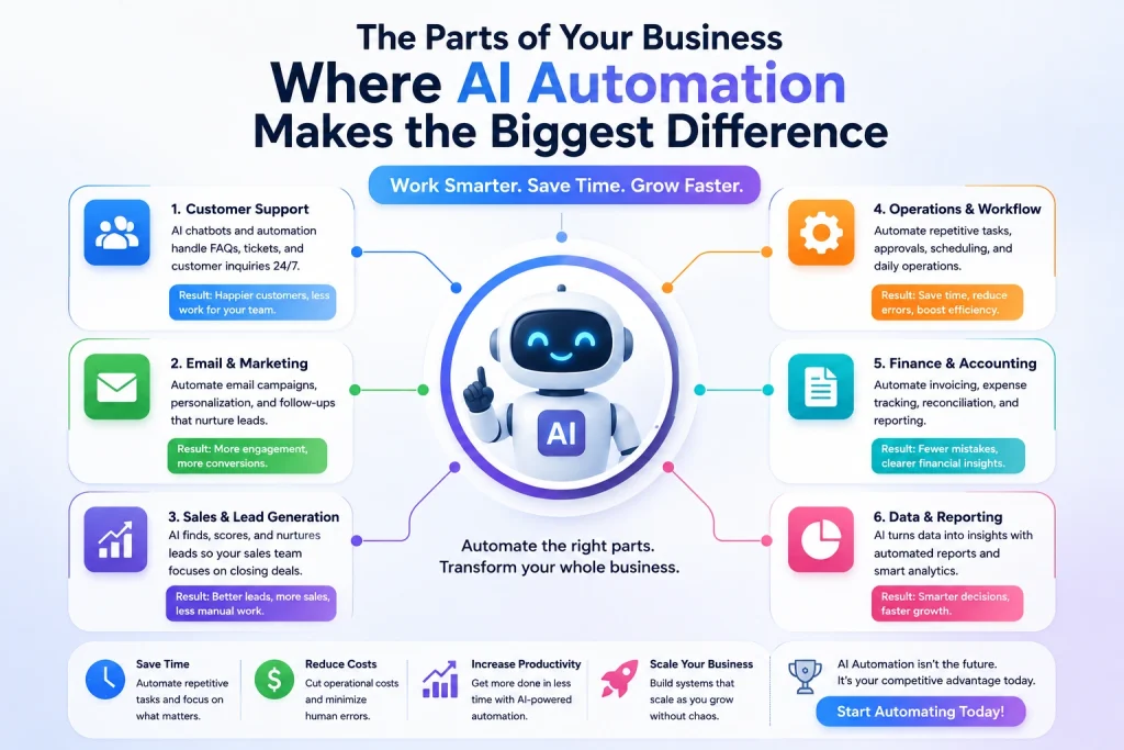 AI automation infographic showing customer support, marketing, sales, finance, workflow, and reporting systems improving small business productivity.