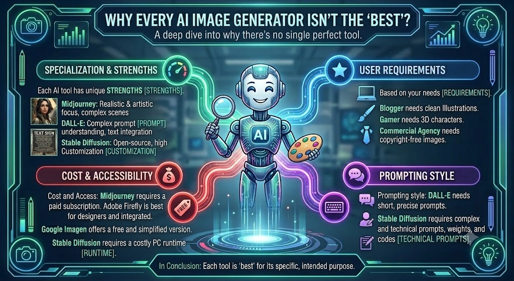A detailed infographic titled 'Why Every AI Image Generator Isn't the Best?', featuring a central robot character surrounded by four colorful categories explaining AI limitations: Specialization & Strengths, User Requirements, Cost & Accessibility, and Prompting Style.