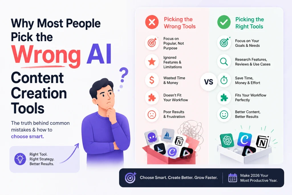 Modern infographic comparing wrong vs right AI content creation tools with productivity icons, AI apps, and smart workflow strategy design.